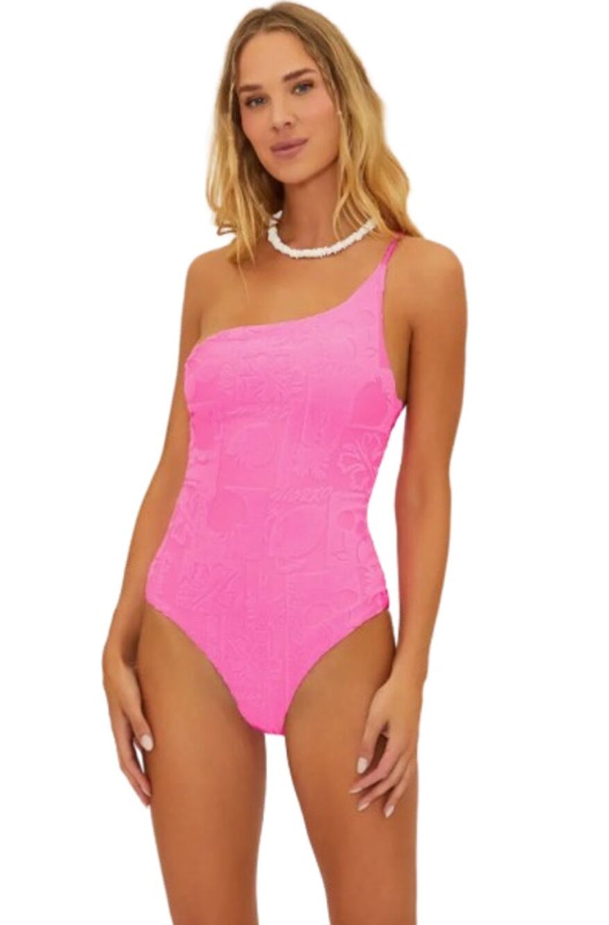 BEACH RIOT Women's Athena One-Piece Swimsuit Small Bright Pink Print Terry NWT